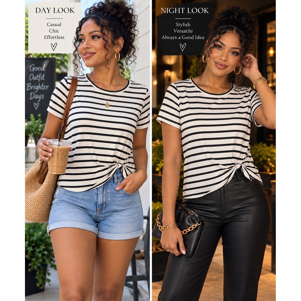 Green Envelope LA Striped Tie Front Top Women's M Black Ivory Rayon Spandex NWT